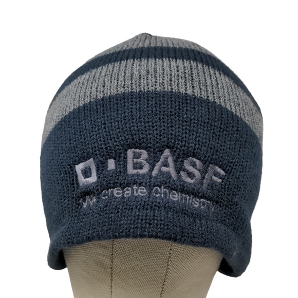 Port Authority Men's Knit Beanie Hat Cap Blue Gray Striped Acrylic Embroidered - Picture 1 of 12